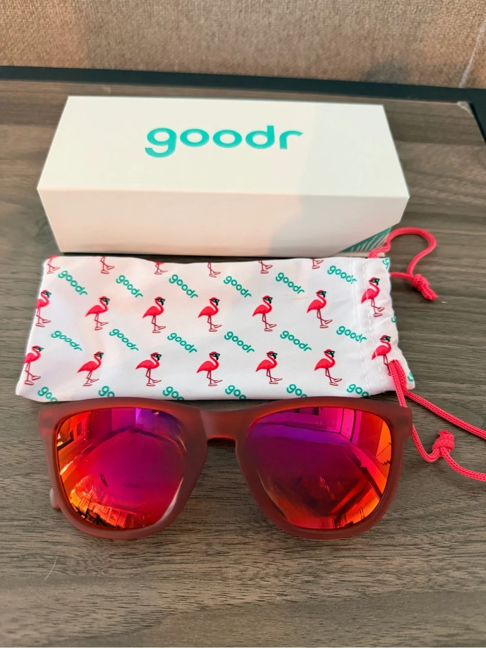 goodr Women’s Red Frame Sunglasses with Pink Mirrored Lenses